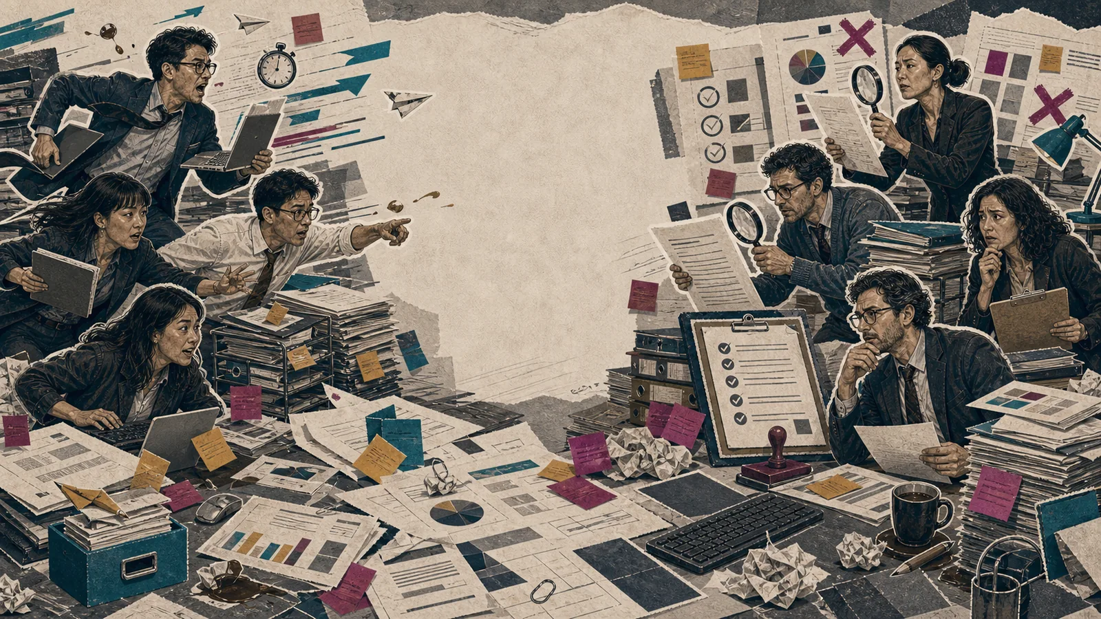 A chaotic office team surrounded by quarterly reports